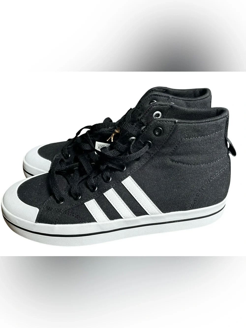 US 8.5 adidas Black High-Top Sneakers with White Stripes